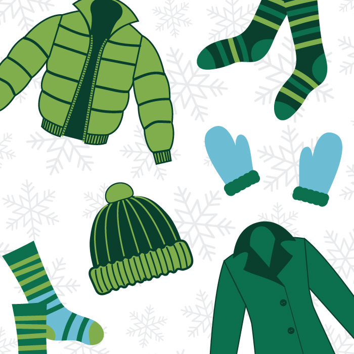 Image of coats and mittens and winter hats