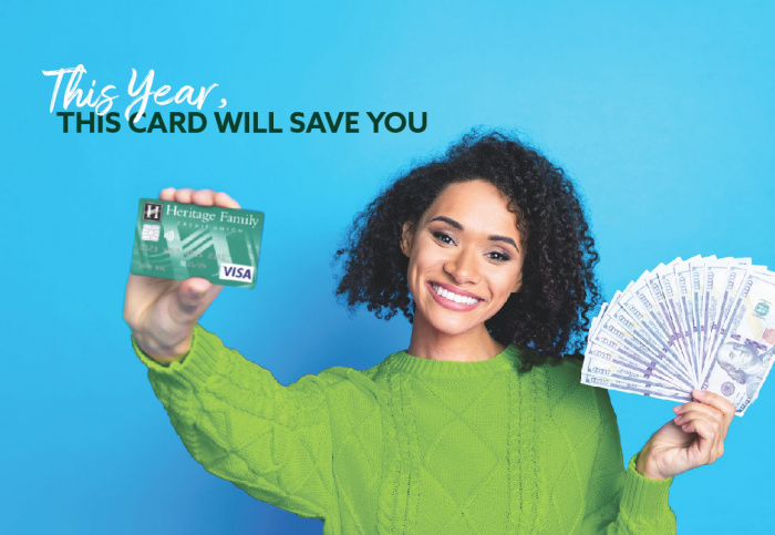 This year, this card will save you. Image of a woman holding money and an HFCU Visa card